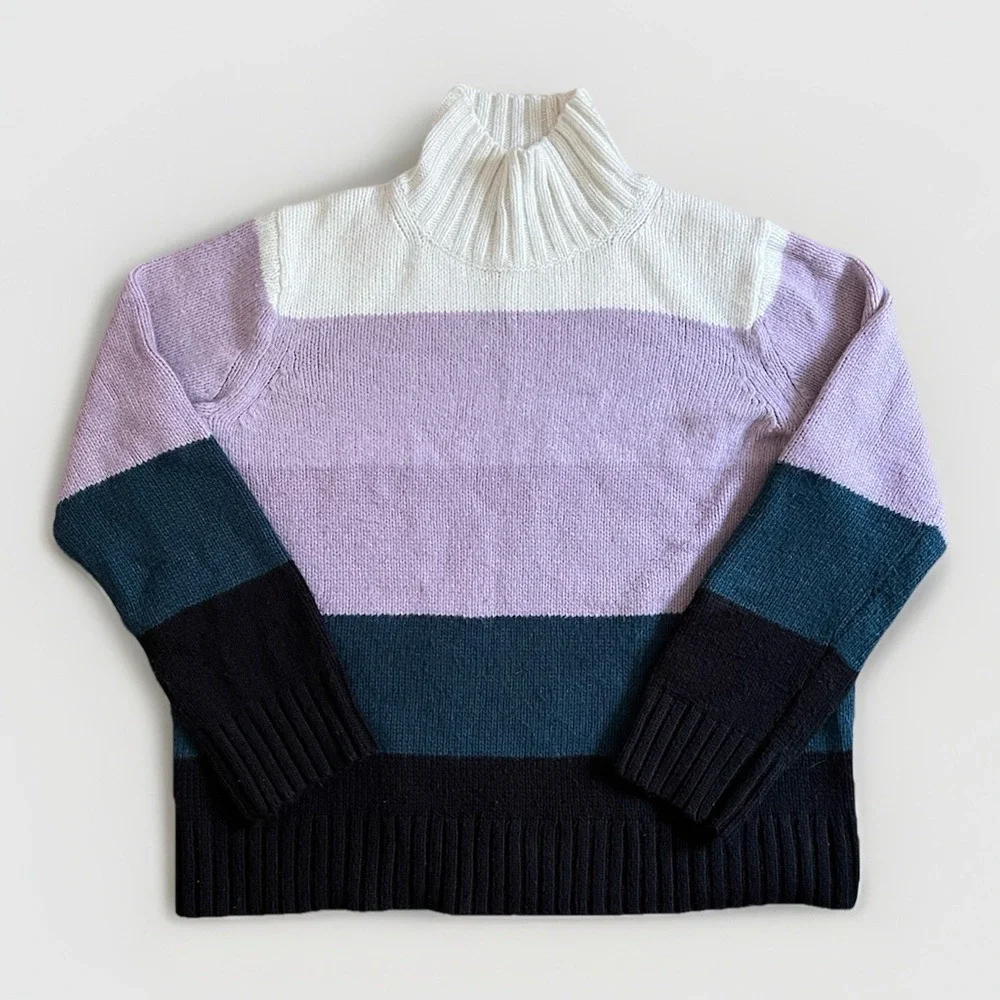 ANN TAYLOR Oversized ColorBlock Stripe Knit Sweater L Classic Turtleneck Cozy - Picture 1 of 7